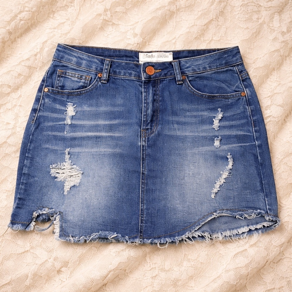 Indigo Rein Distressed Blue Mini Skirt